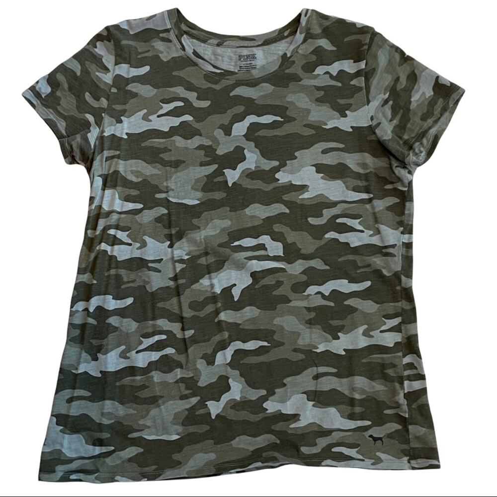 Pink Victoria's Secret Green Camouflage Short Sleeve Shirt Women's Size Medium
